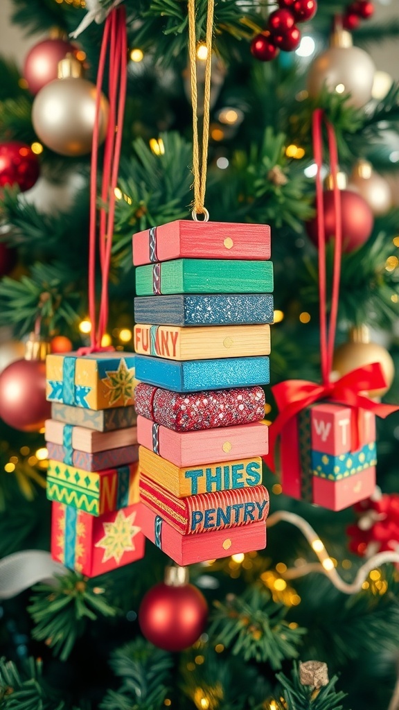 Colorful Jenga block ornaments hanging on a Christmas tree, showcasing various designs and decorations.